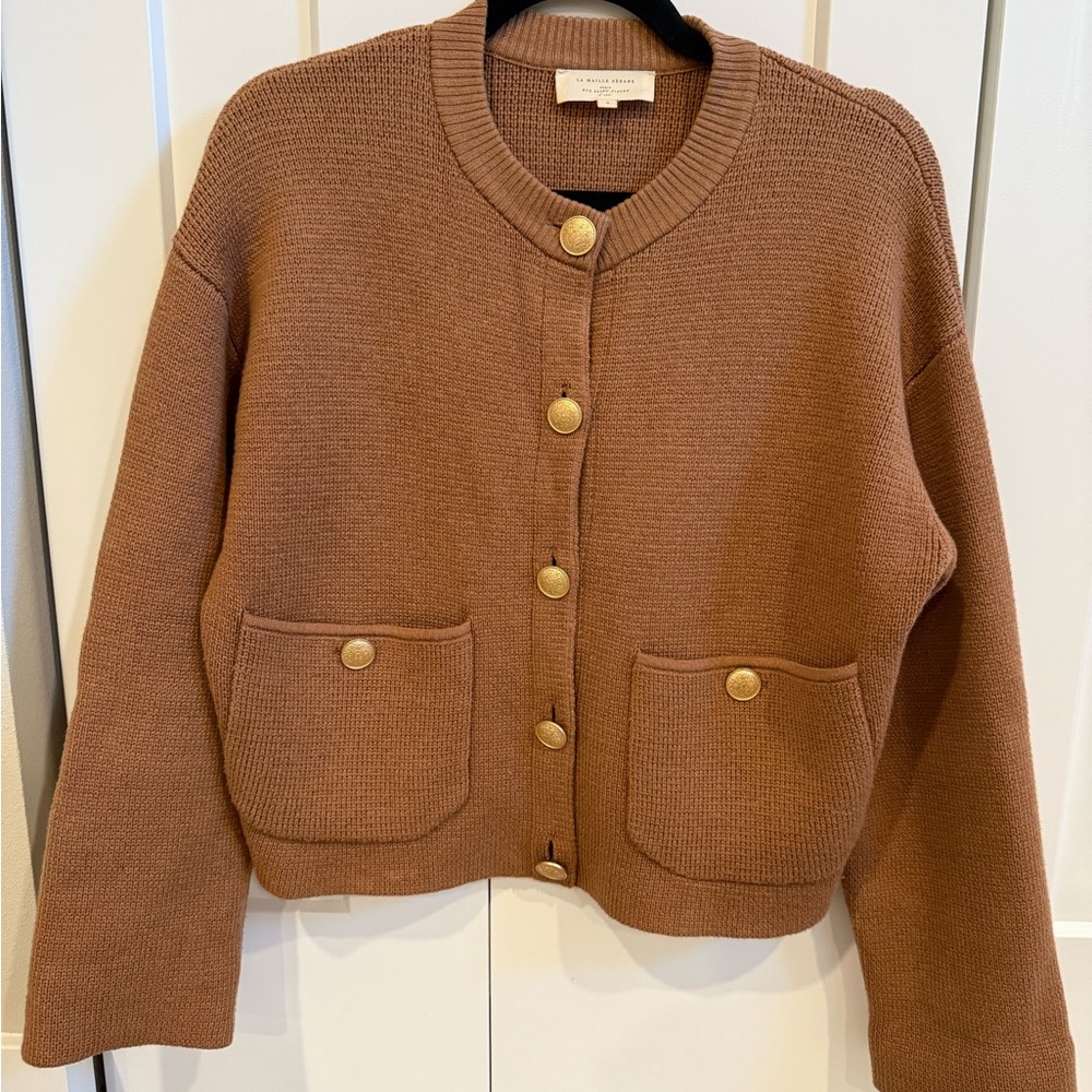 Sezane Tan Betty Cardigan with Gold Accents